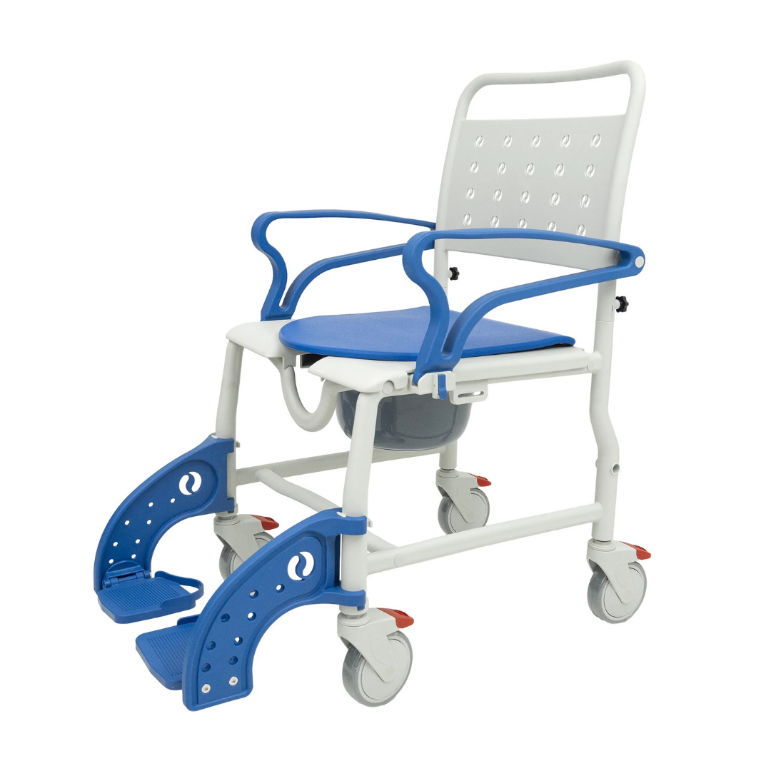 The Climbing Steps Sidekick Shower Chair with Commode Opening is a blue and white chair with armrests, footrests, four wheels, a removable seat section, and built-in bucket for convenient bathroom mobility support.